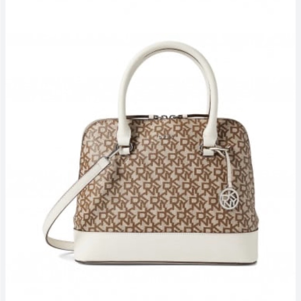 DKNY Bryant Convertible Strap Dome Satchel Handbag White Gold Tone Details NWT